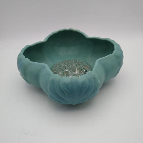 Vintage Van Briggle Pottery Turquois Oak Leave Bowl Vase with Clear Glass Frog