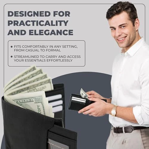 Cartera de cuero plegable deslizante para hombre, billetera de identificación minimalista extraíble y tarjetero Foto 3 de 4