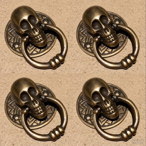 4 small SKULL head handle DOOR PULL ring natural cast BRASS old style 5 cm 2" - Picture 5 of 13