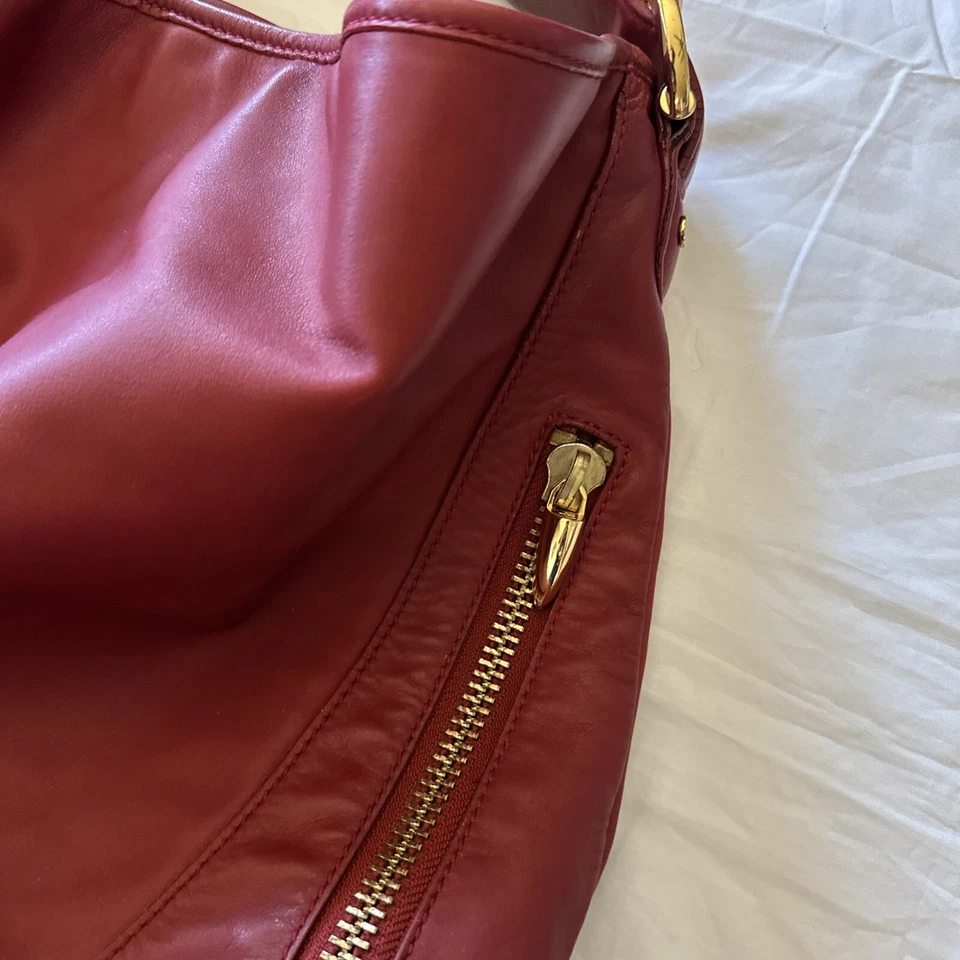 Rachel Zoe Red Leather Bag Handbag Purse Large Gold Tone Hardware Woven Handle - Image 2 of 4