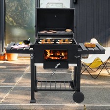 Image of Charcoal Grill BBQ Trolley on Wheels Outdoor Garden Smoker Cart Shelf Side Steel