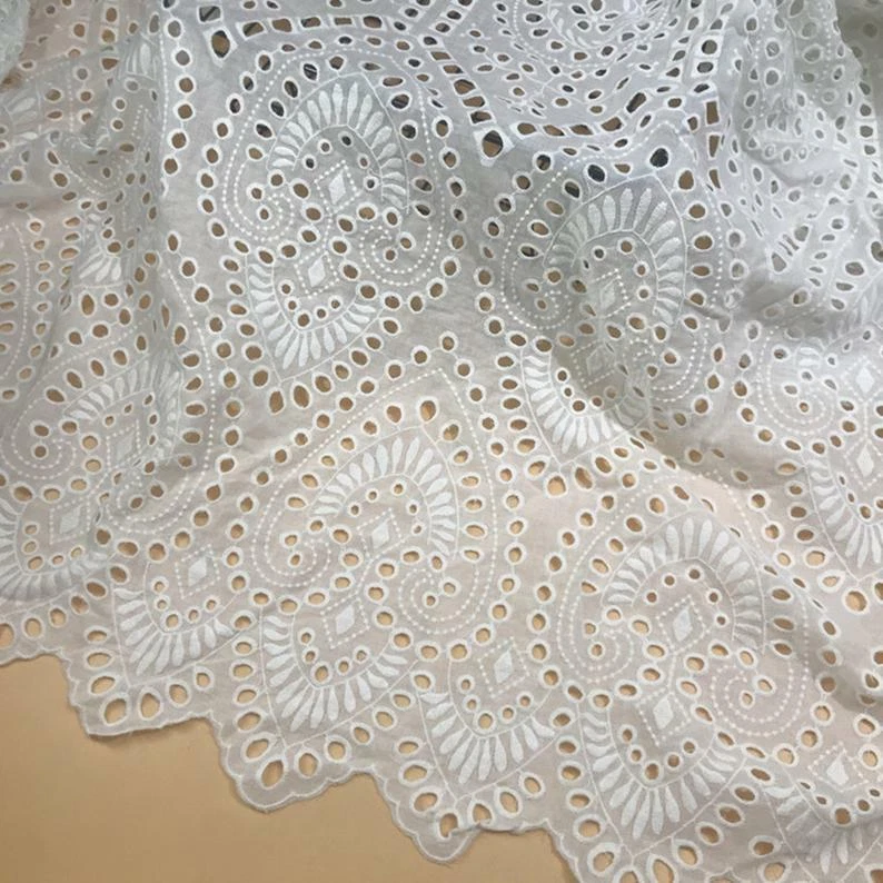 Retro Eyelet Cotton Lace Fabric with Scallop Edges Embroidery Cotton Cloth  1Yard