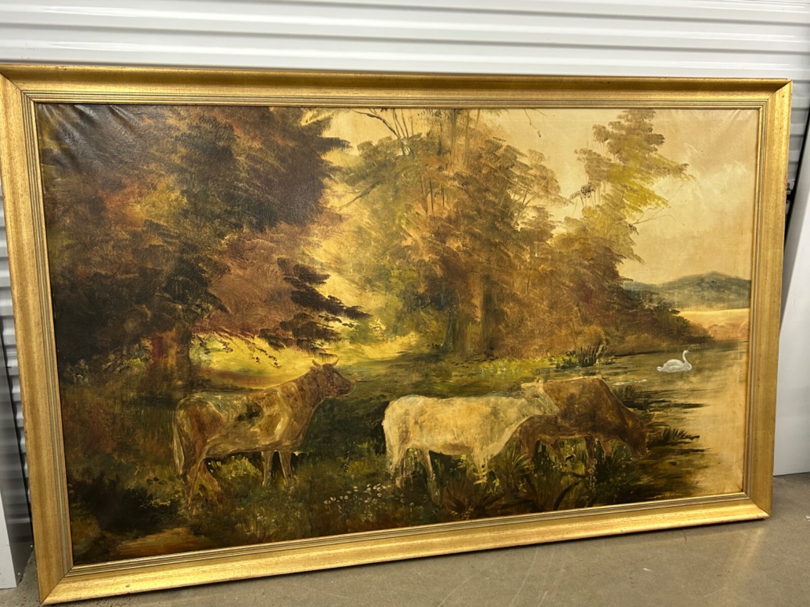 Large Classic Painting of Livestock and Water Scene - Great Condition