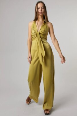 Olive Halter Neck Satin Jumpsuit