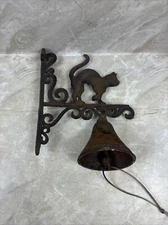 Cast Iron Rustic Black Cat Wall Hanging Dinner Bell Halloween Scroll Farm Bell