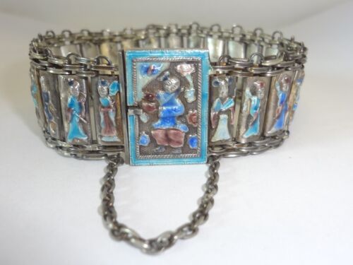 Antique Chinese Silver Enamel Immortals Figures Link Bracelet
