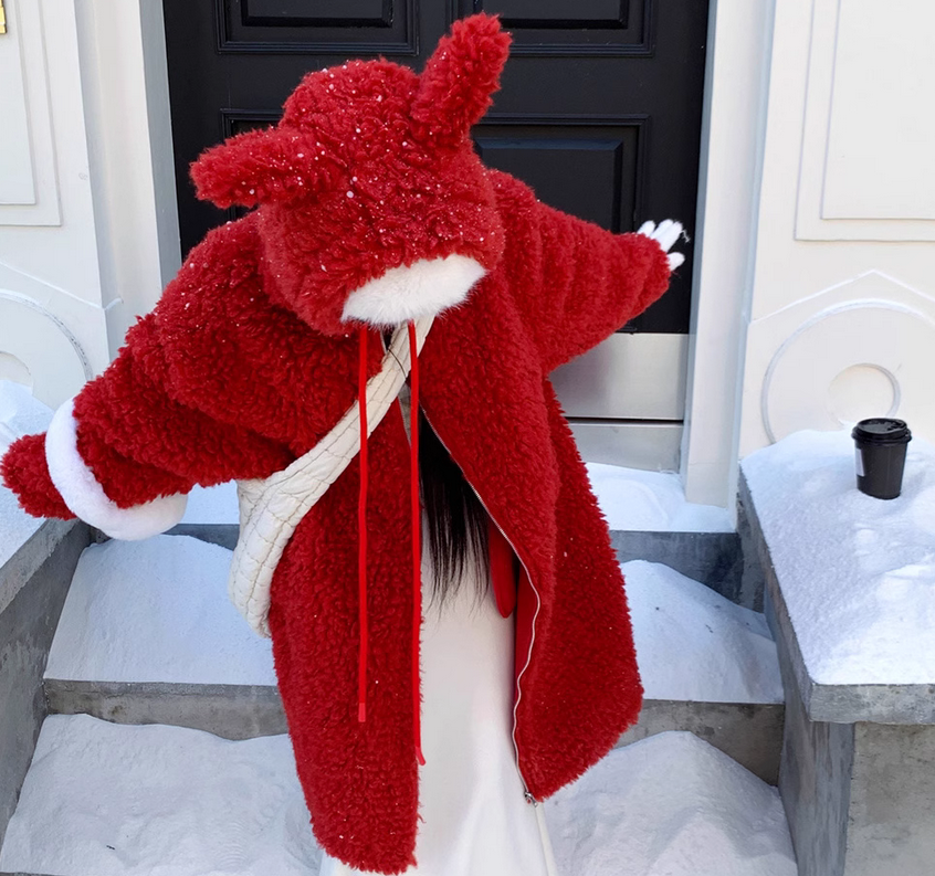 Red Lamb Wool Fur Coat Womens Korean Mid Long Sweet Warm Red Lamb Wool Fur Coat Womens Korean Mid Long Sweet Warm