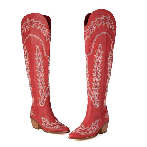 Womens Chic Pointy Toe Block Heel Embroidery Over Knee Western Boots Shoes - Picture 14 of 15