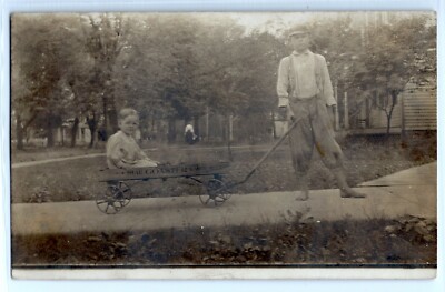 1910 boys on Star Coaster wagon, Amboy, Illinois, real photo postcard RPPC  