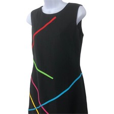 Color Striped Vintage Dress Womens Size 6 Retro Black Linen Blend Sleeveless