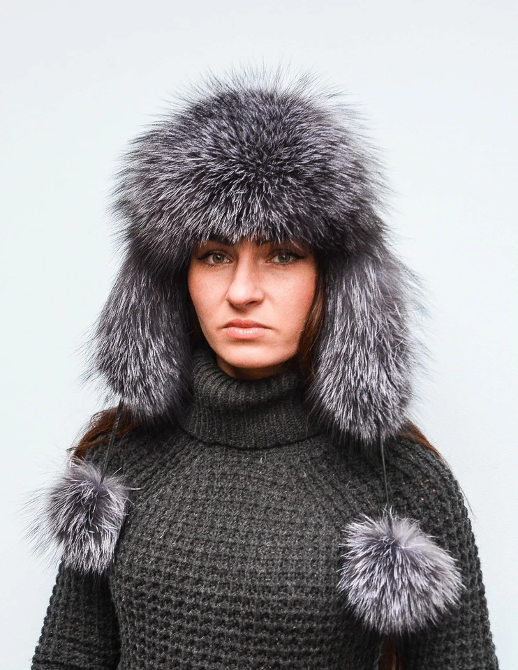 Эксклюзивный Saga меха Серебряный лисий мех, черная кожа женщин авиатор меховая шляпа - Изображение 2 из 4