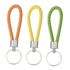 Braided Leather Key Fob Car Keychain Ring Woven Strap 3 Green, Yellow, Orange