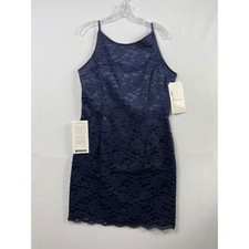 Vintage Scott McClintock Lace Slip Dress Women 12 Navy Blue Sheath Coquette USA
