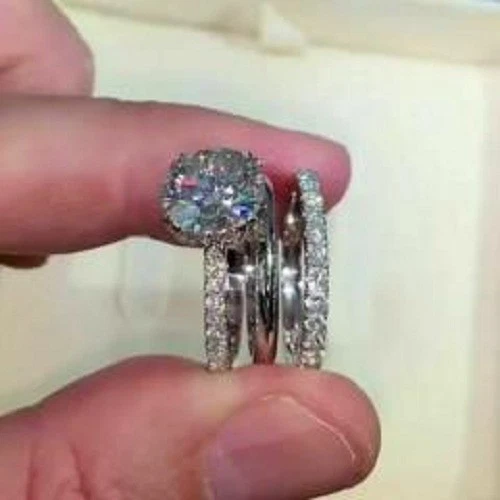 14K White Gold 3.35Ct Round Lab-Created Diamond Engagement Wedding Ring Set Band - Image 3 of 4