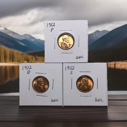 1952 P-D-S  Uncirculated Lincoln Cent Set of 3 Nice Coins  W/ Free Shipping