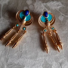 EGYPTIAN REVIVAL CLEOPATRA PHOENIX ENAMEL PIERED  EARRINGS