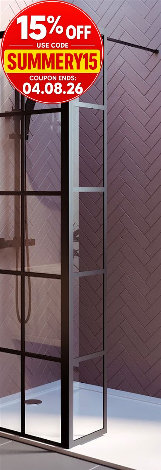 Bathroom 300x1950mm Wet Room Return Panel Black Grid Easy Clean 8mm Clear Glass
