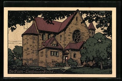Stone print postcard Beckum, view of Liebfrauenkirche 