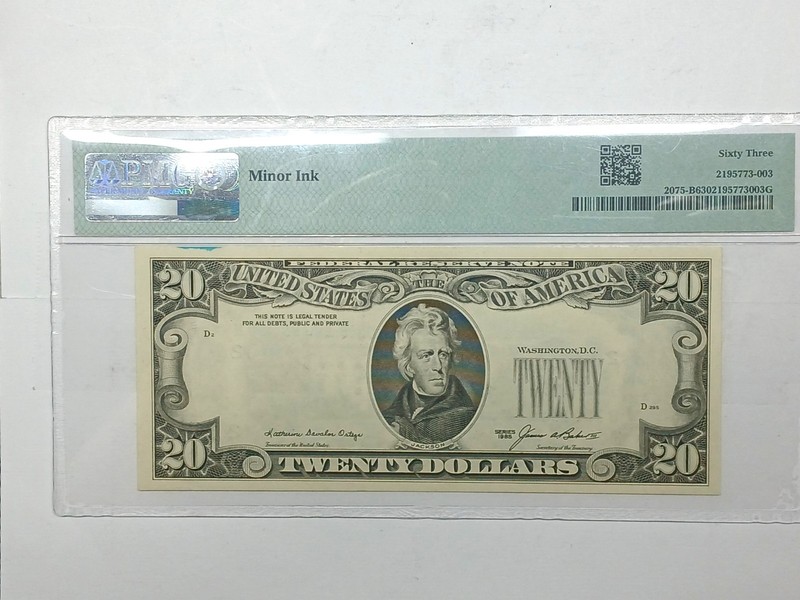  1985 20$ Federal Reserve Major Note Error – PMG 63 – Major Overprint on Back 