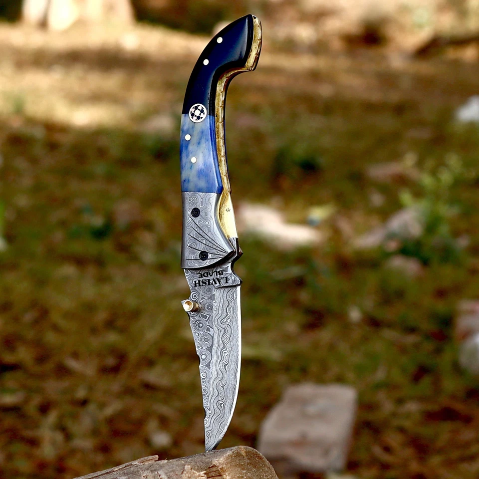 Cuchillo Plegable Damasco Hecho a Mano Grabado Refuerzo Mango de Madera con Funda de Cuero Foto 3 de 4