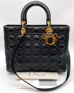 Auth Christian Dior Lady Dior Large Black Cannage Leather 2 Way HandBag BD070012