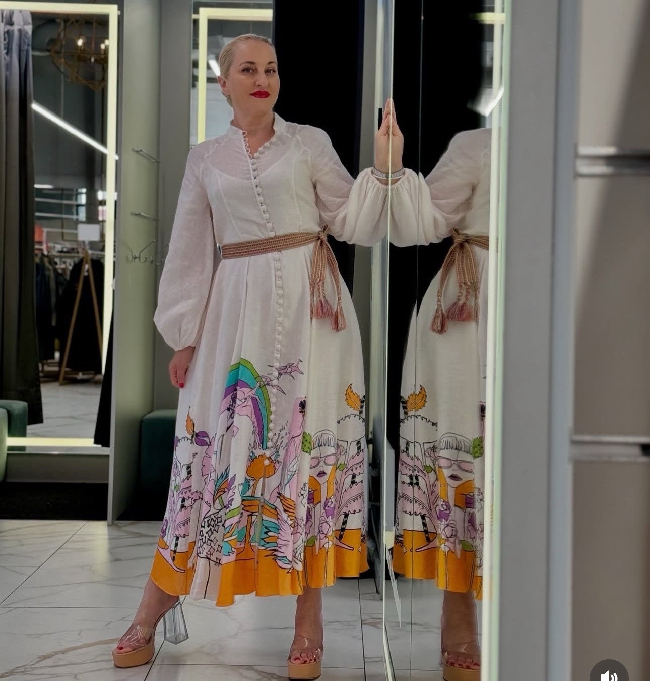 Zimmermann Lola Billow Dress Sz 0 AU 8 US 4 Long Sleeve Belted Midi Linen W Slip