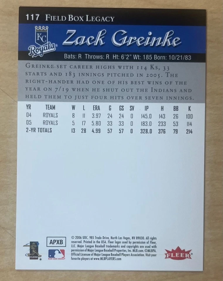 Flair Showcase #117 2006 Zack Greinke/150 Field Box Legacy Parallel Royals Foto 2 de 2