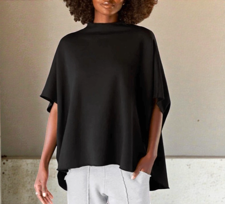 Frank & Eileen Audrey Funnel Neck Capelet Black Oversized Sweatshirt Fleece Boxy