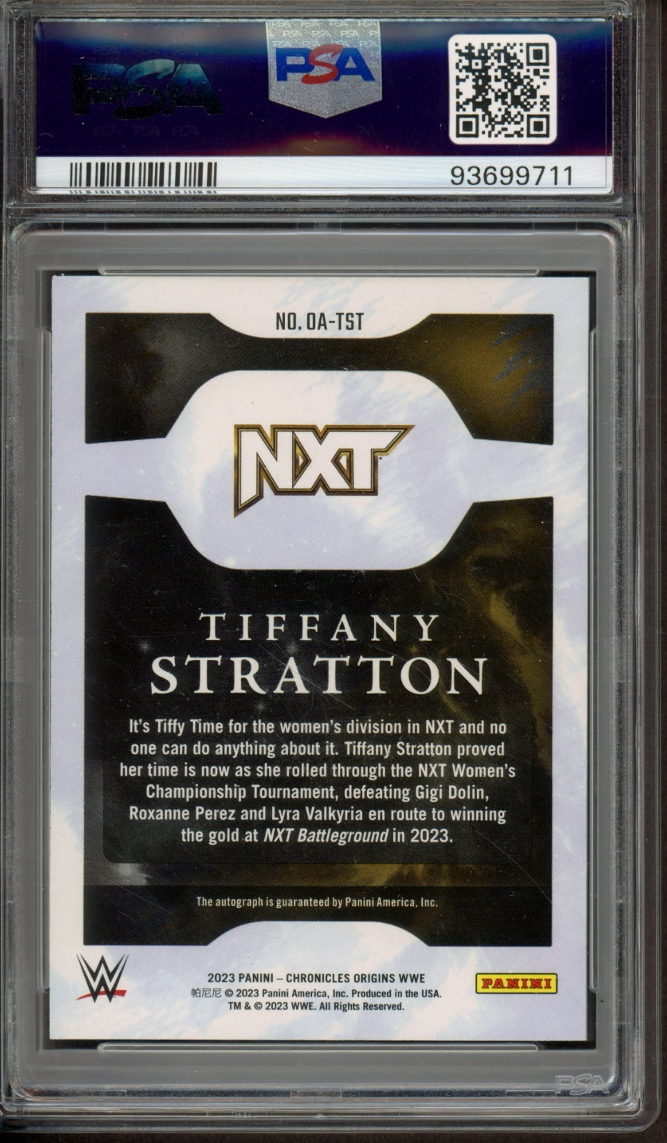 TIFFANY STRATTON 2023 Chronicles WWE Origins Blue AUTO (9/49) PSA 9 MINT 10 AUTO view 2