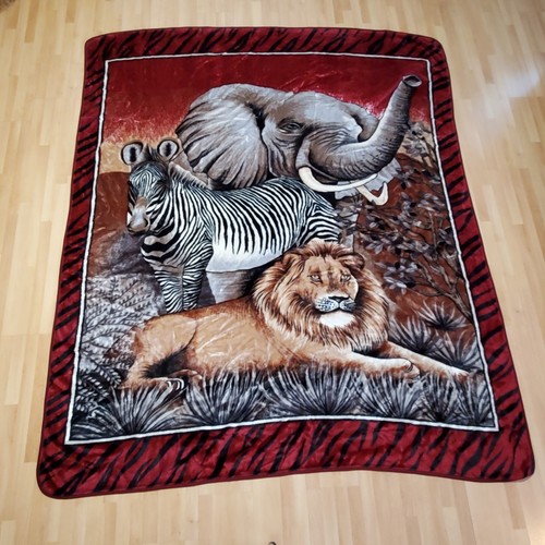 Wild African Safari Animal Plush Maroon Blanket Throw 88" x 74" San Marcos Style - Picture 1 of 8