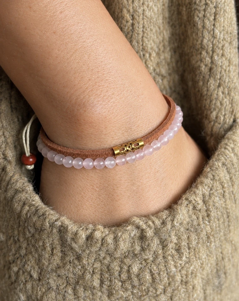 Rosenquarz Armband Set 2-teilig Leder Kordel Boho verstellbar - Bild 1 von 4