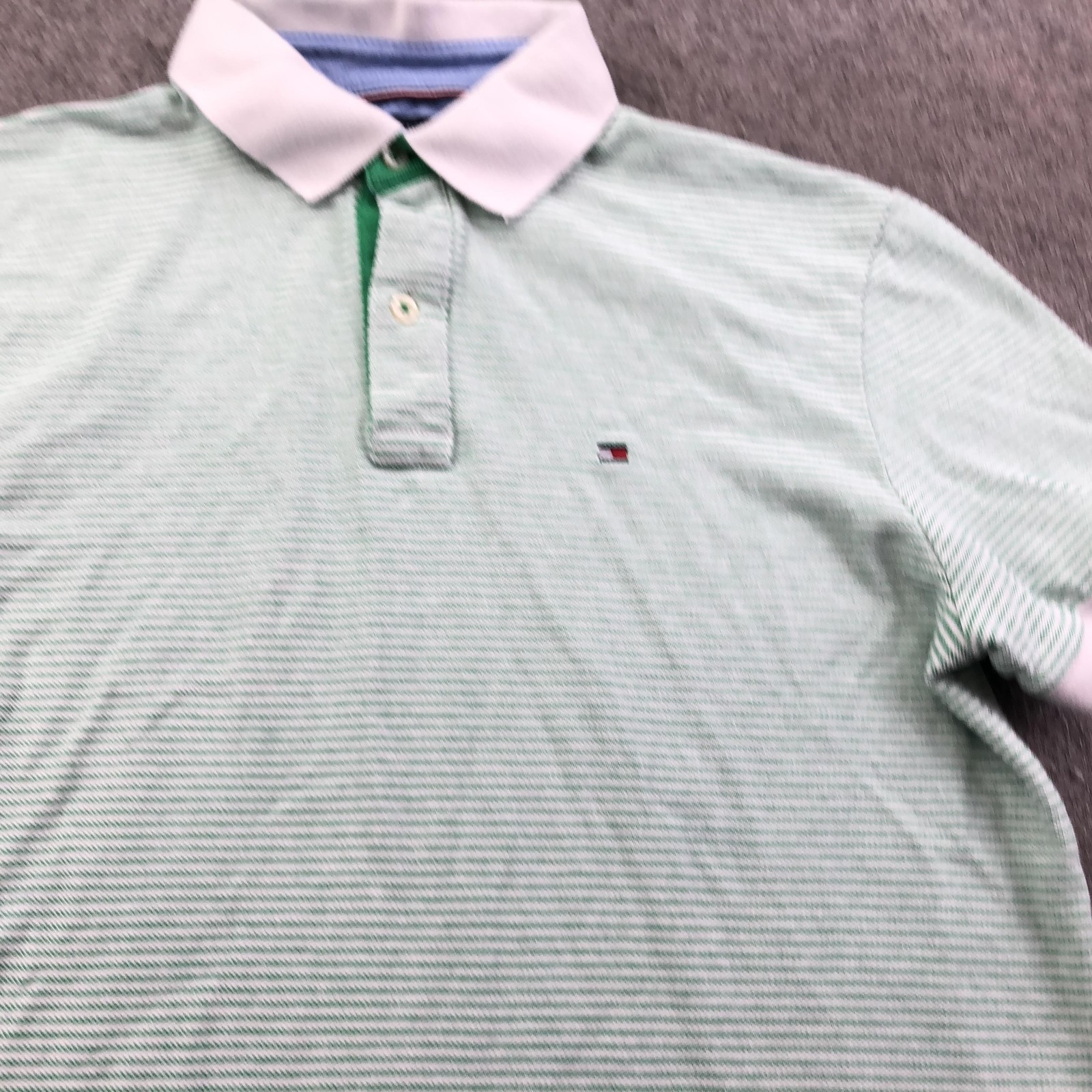Tommy Hilfiger Polo Shirt Mens Medium Green Stripe Custom Fit Logo Casual thumbnail 4