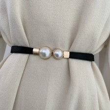 Elegant Double Pearl Elastic Belt Women Thin Waist Strap Dress Decoration