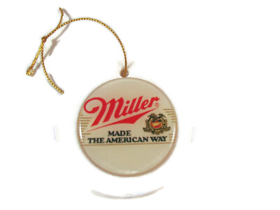 MILLER MADE AMERICAN BEER WHITE CERAMIC 3'' ROUND HANGING ORNAMENT