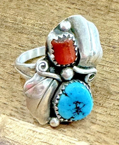 Vtg Native American Sterling Silver, Turquoise & Red Coral Ring 4.99g Southwest