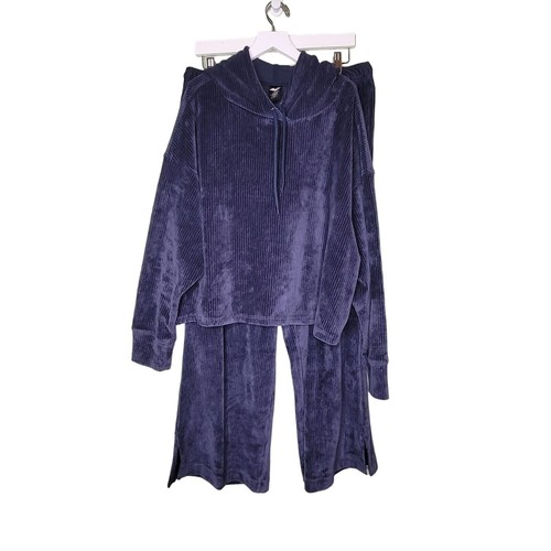 Avia Wide Leg Velour Hose Set Cropped Pull Over Hoodie XL blau gerippt Y2K Lounge