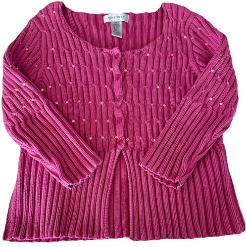 Nine West Women’s Medium Pink 3/4 Sleeve Crop Cardigan Cable Knit Sweater