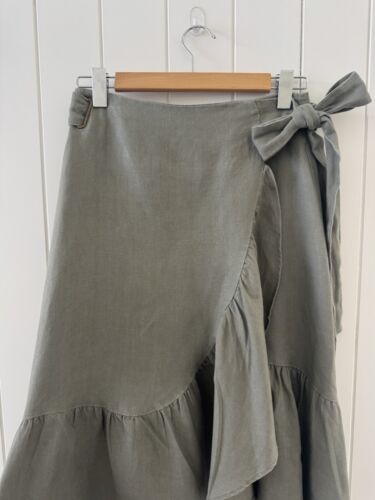 Country Road Linen Midi Skirt Size 8 Green Wrap Cotton Ruffle Waist Tie Bow - Picture 6 of 13