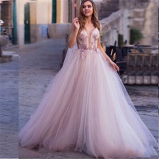 Grace Backless V Neck A Line Tulle Wedding Dress for Women Princess 3D Flowers