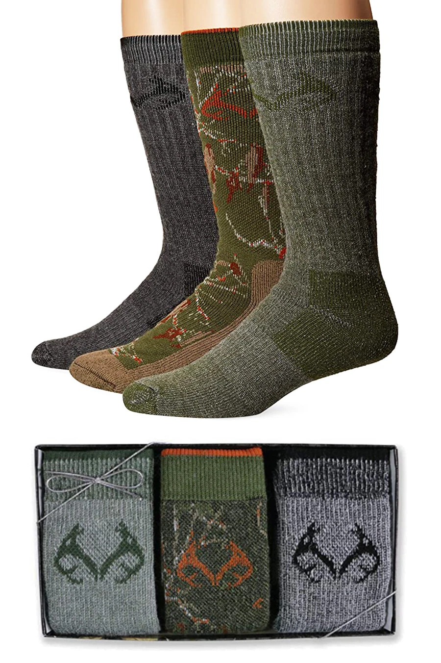 Realtree Mens Camo Merino Wool Warm Boot Crew Socks Gift Box Cushion 3 Pair