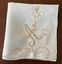 NWT Vintage Madeira Hand Embroidered Hankie Pure Linen Monogram "A" Gold Wedding
