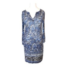 Long Tall Sally Blue & White V Neck Jersey Dress Floral 3/4 Sleeves XS