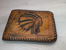 Vintage Hand Tooled Leather Wallet w/ American Native Indian Chief & Buffalo