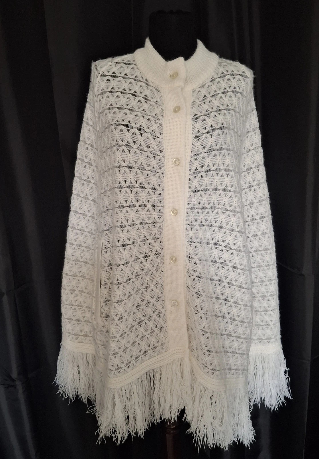 Vintage 70s Crochet Cape Shawl Poncho Fringe Collar Button Up Ivory Boho Cottage