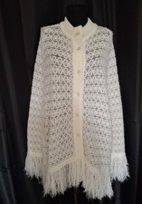 Vintage 70s Crochet Cape Shawl Poncho Fringe Collar Button Up Ivory Boho Cottage