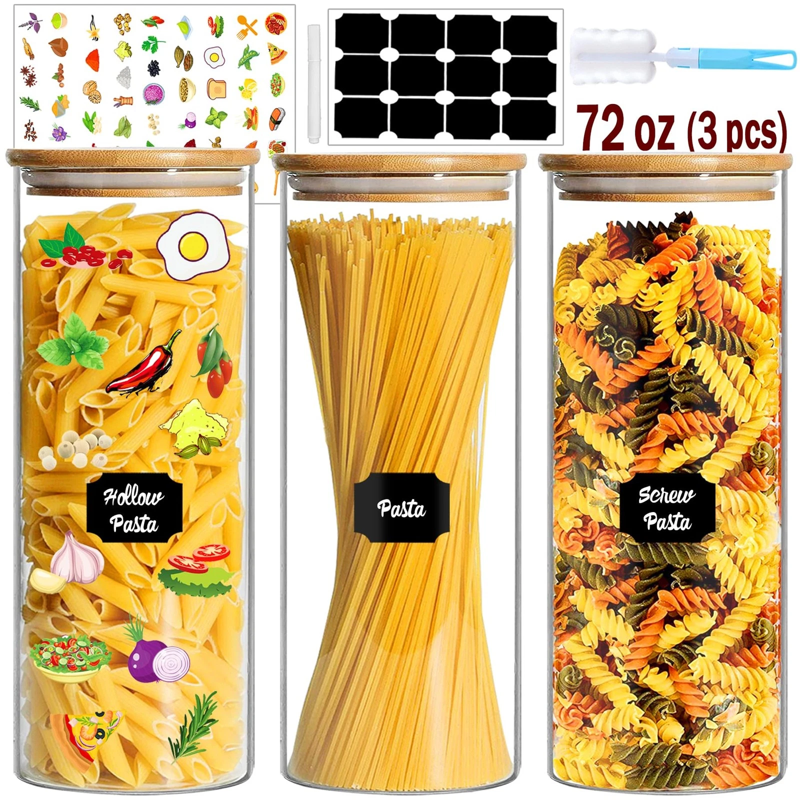 Glass Jars with Lids, 72oz 3Pcs Kitchen Glass Containers with Lids, Airtight ...