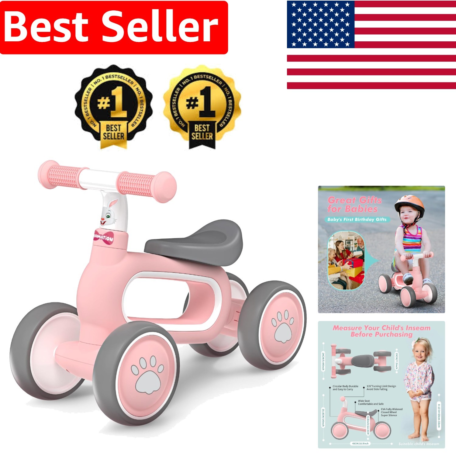 Adorable Pink Baby Balance Bike for 1  Old - No-Pedal, 135° Turn Limit