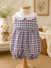 Vintage floral embroidered plaid bubble romper 18mo