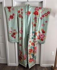 Vintage Japanese Women s Silk Kimono Embroidered Cranes Chrysanthemums