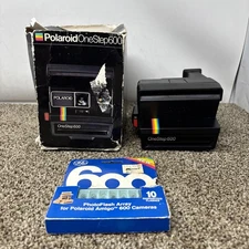 Vtg Polaroid One Step 600 Rainbow Stripe Camera Original Box & Flash Untested
